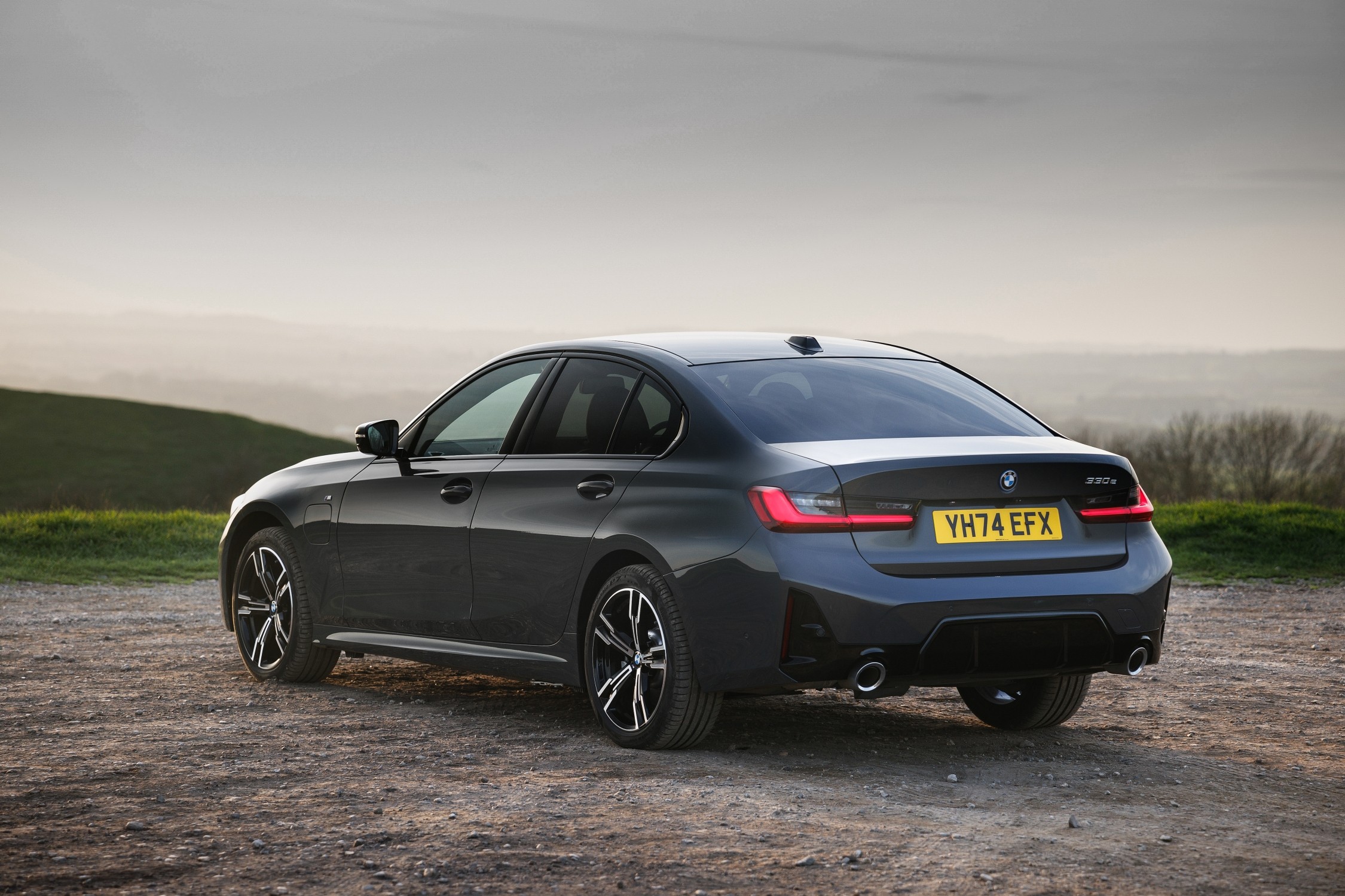 BMW 330e Saloon photographed from the rear in the UK